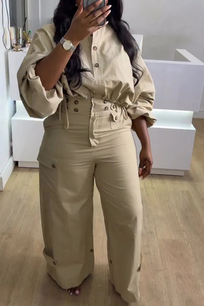Women's Round Neck Top+ Double Breasted Wide Leg Pants Casual Set