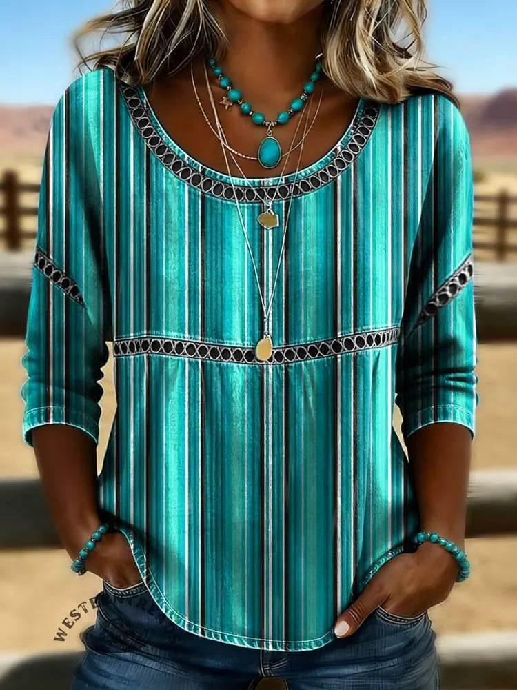 Women's Stripe Print Casual Hollow Denim Shirt
