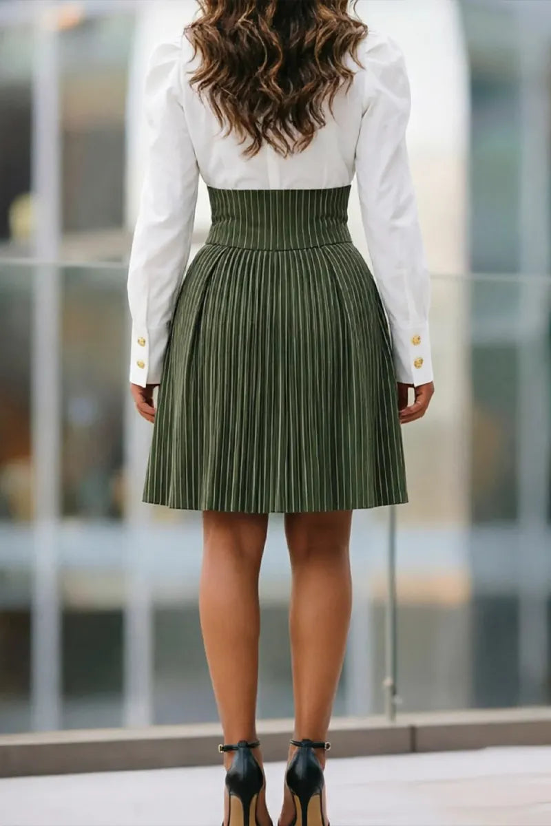 Women's Collar Splicing Vertical Stripe Waist Cinching Elegant Casual Dress