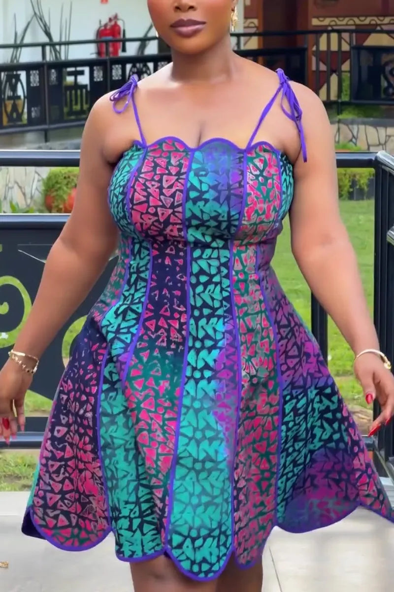 Women Spaghetti Strap Patchwork Printed Waist Cinching Elegant Casual Dress