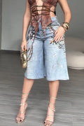 Women's Fashion Chain Pattern Print Wide Leg Short Jeans