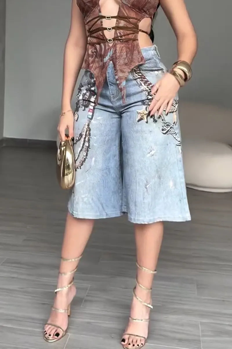 Women's Fashion Chain Pattern Print Wide Leg Short Jeans