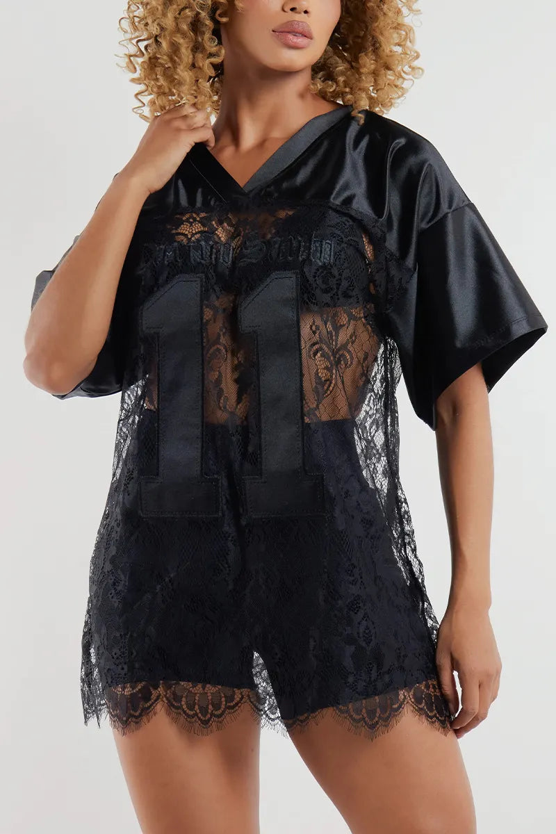 Women V-neck Splicing Printed Hollow Casual Top