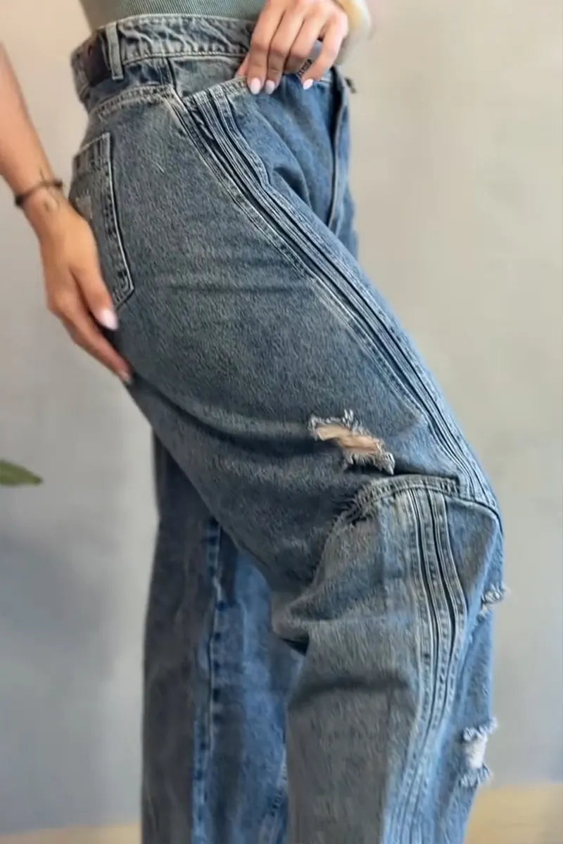 Women's Casual Ripped Wash Loose Curved Patchwork Jeans