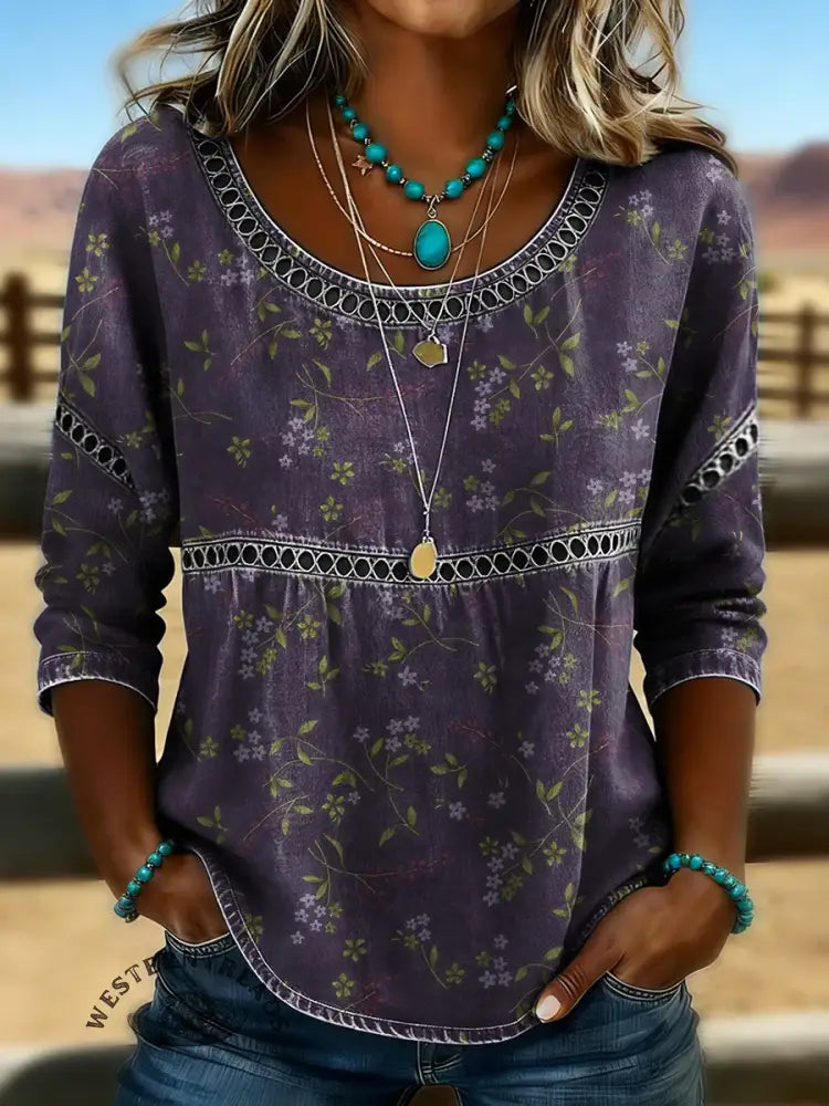 Retro Floral Print Casual Hollow Denim Shirt