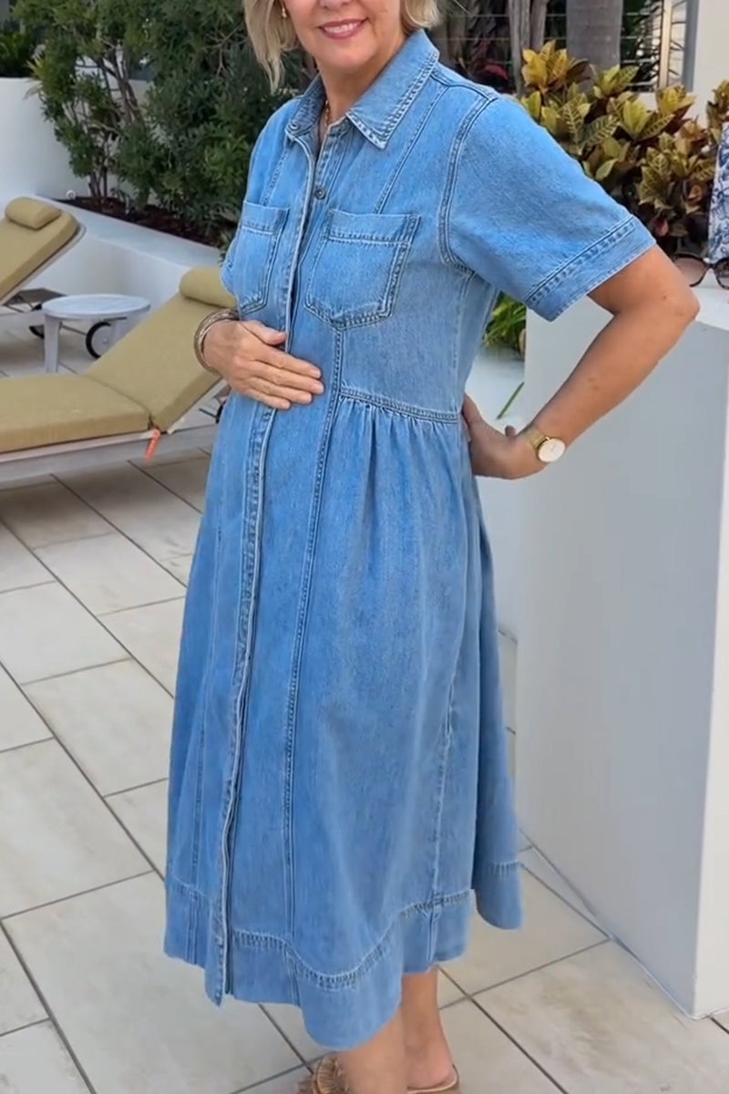 Women's Casual Short Sleeve Waist-Pleated Denim Dress