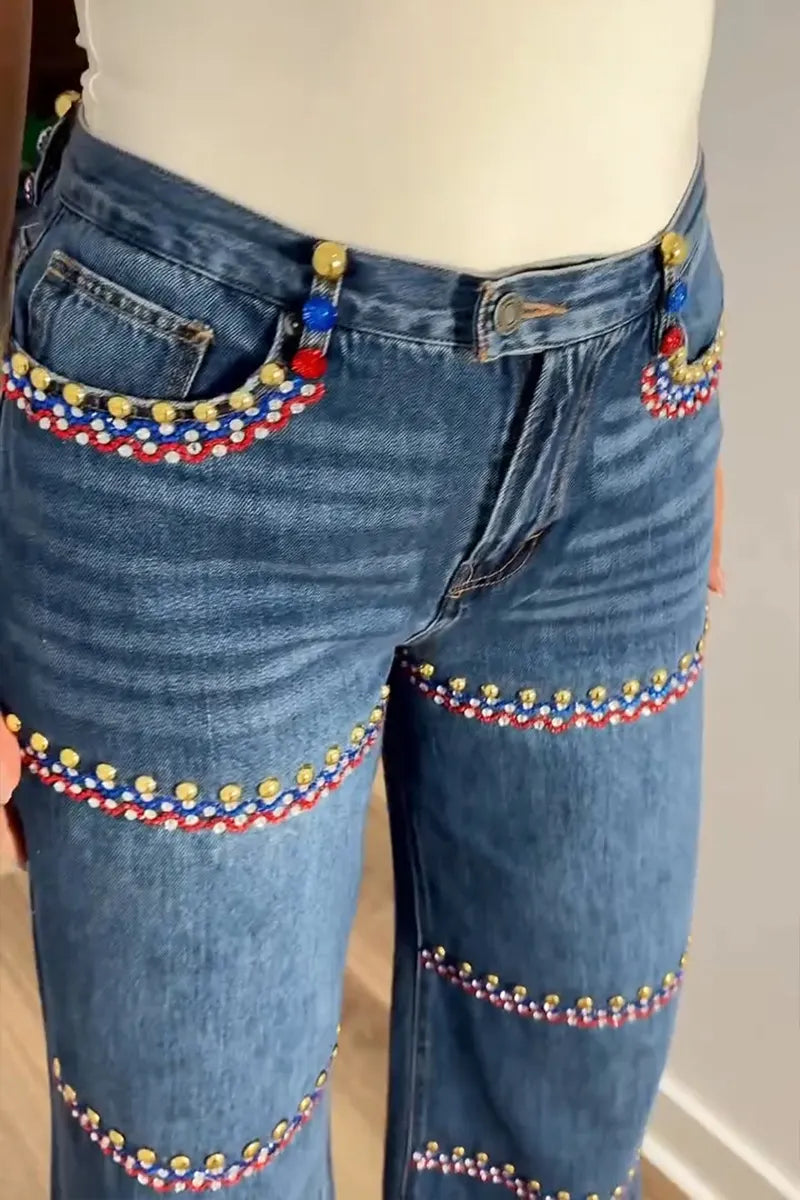 Women's Fashion Rhinestone-Beaded Wide Leg Jeans