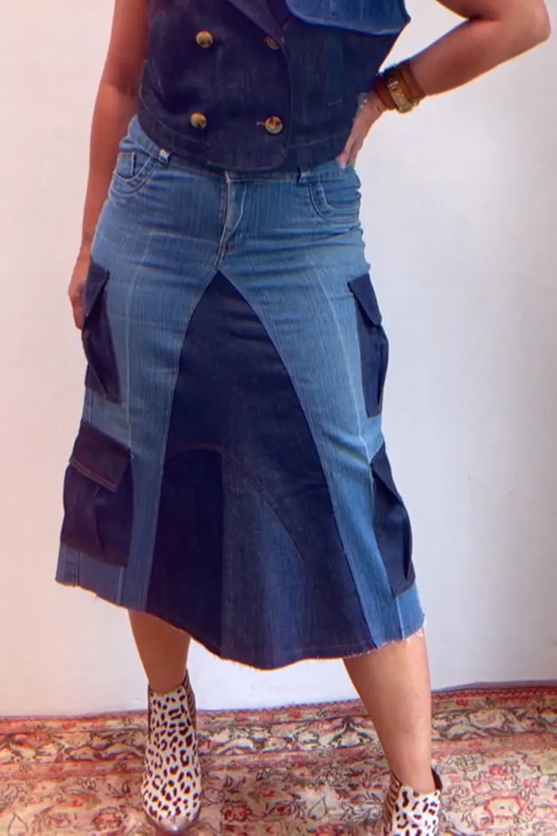 Women's Casual Color Block Cargo Pocket Denim Skirt