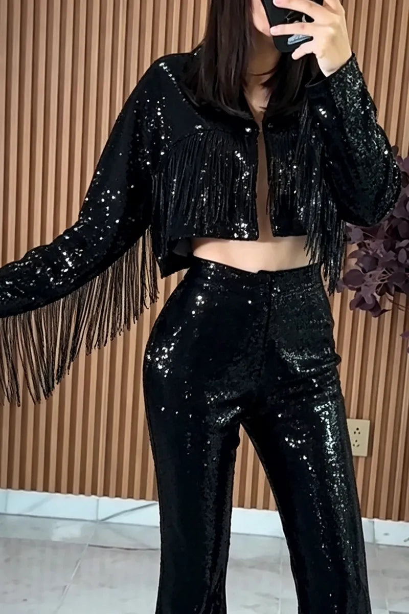 Women's Fashion Fringe Decoration Sequins Jacket or Pants