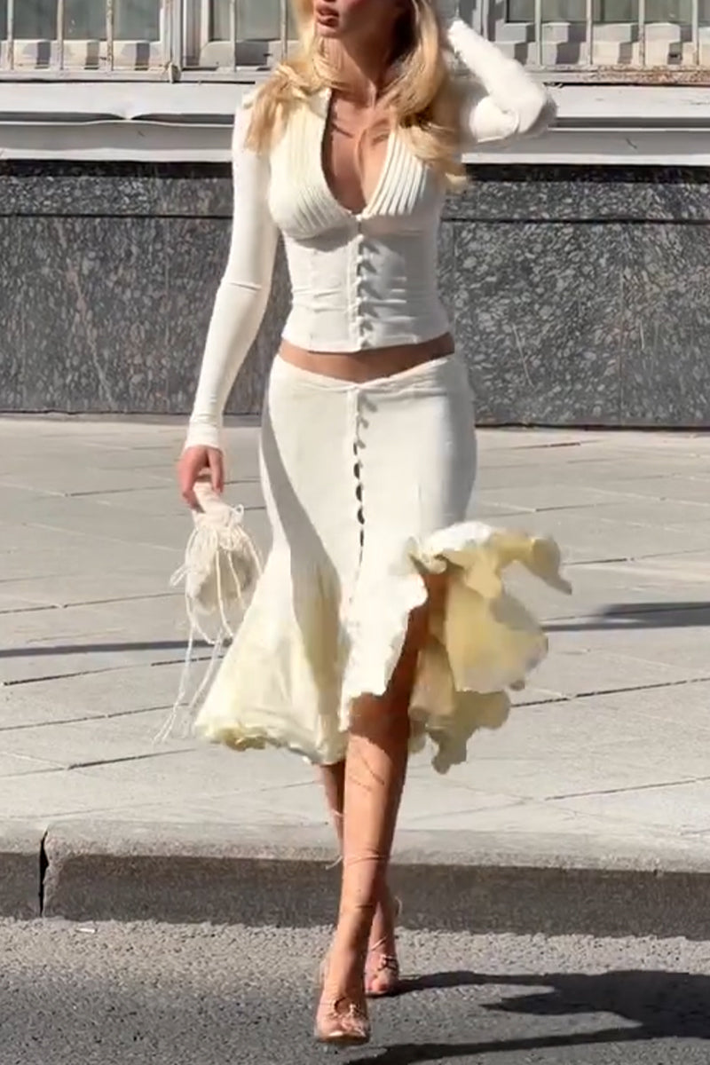 Women's Low Neck Breasted Top+ Half Skirt Elegant Temperament Set