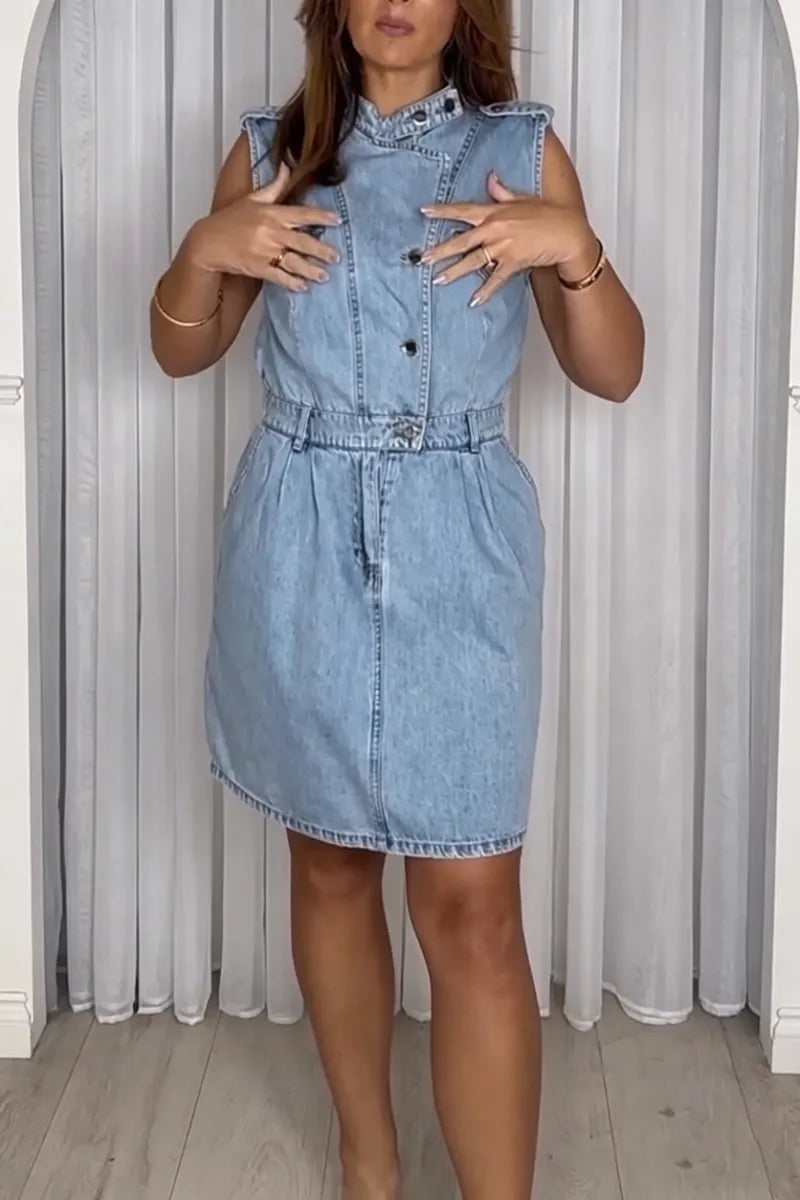 Women Round Neck Sleeveless Patchwork Casual Denim Dress