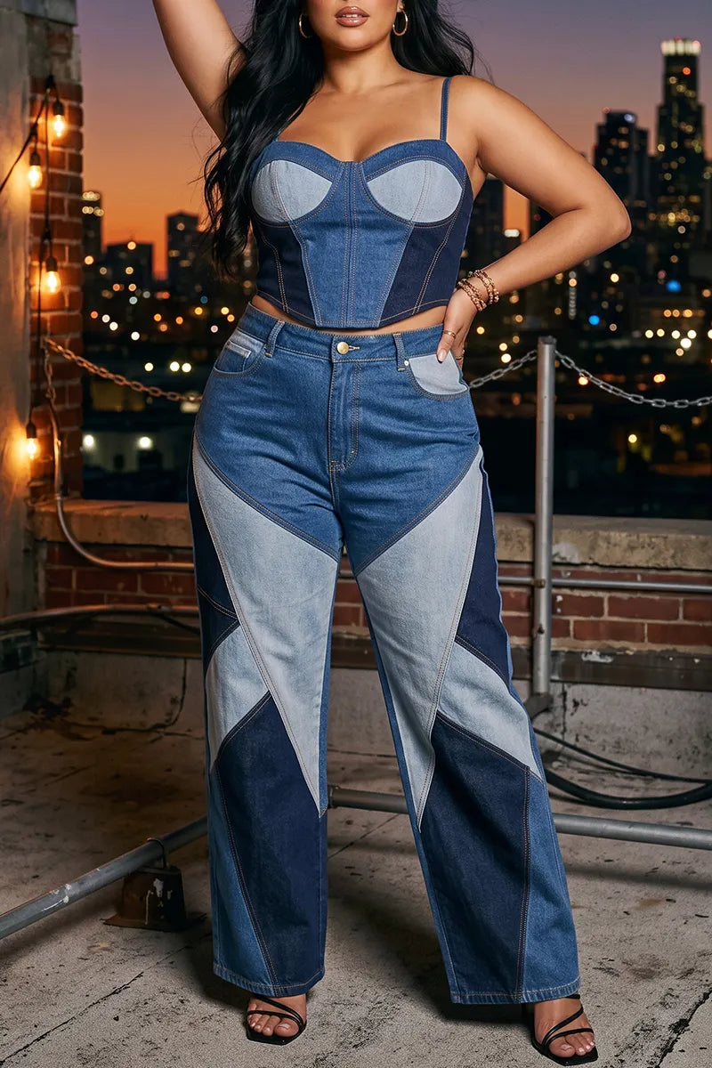 Women's Blue Patchwork Denim Bustier Wide-Leg Jeans Set