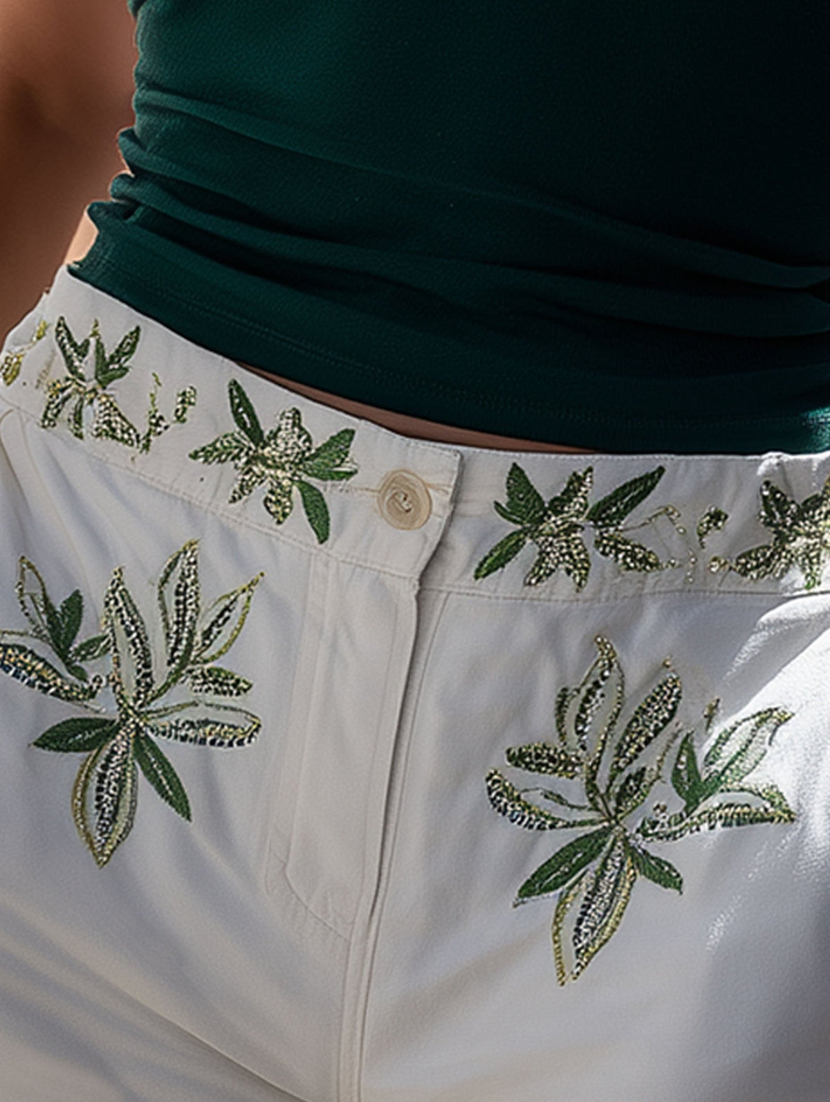 Vacation Casual White With Green Leaf Embroidery Denim Shorts