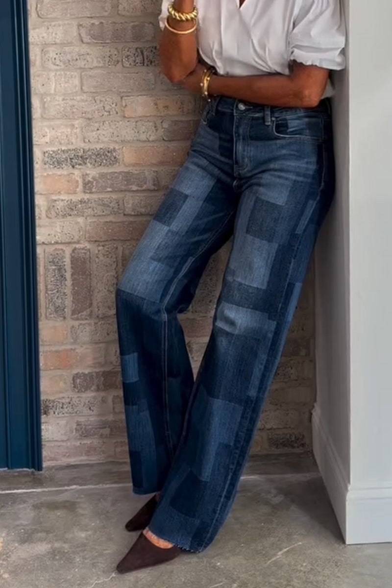 Women's High Waisted Square Patchwork Printed Casual Jeans