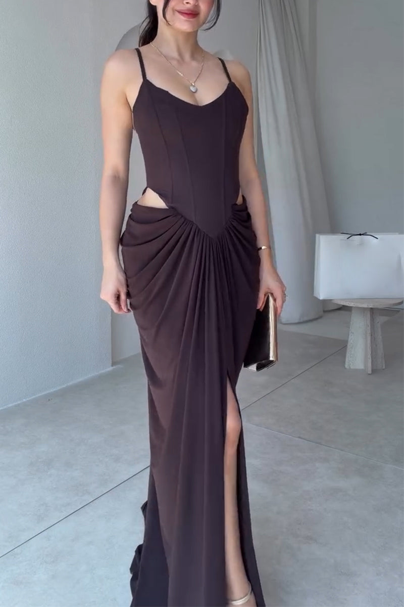 Women's Suspender Patchwork Slit Solid Color Elegant Temperament Dinner Party Style Dress