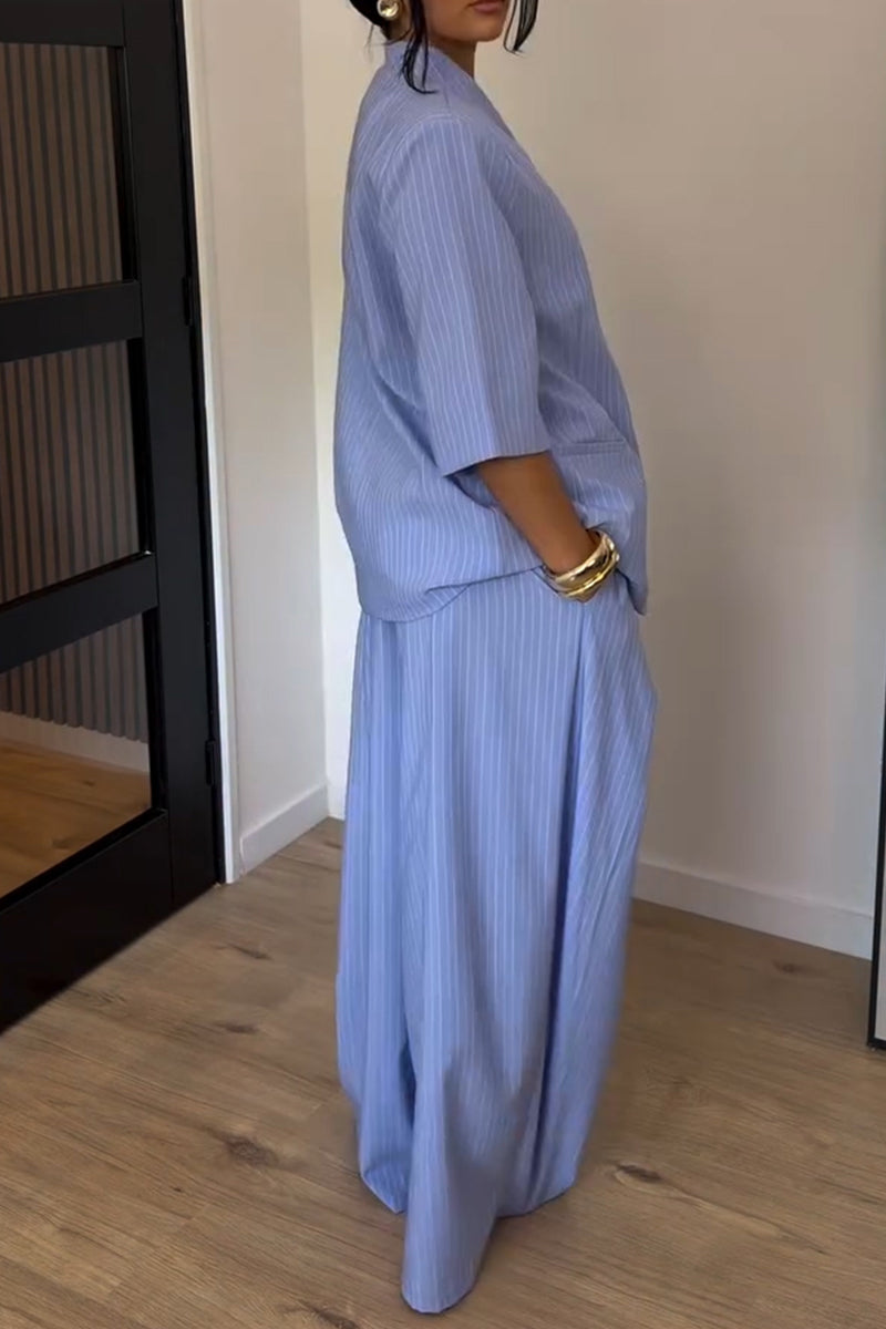 Women's Simple Urban Short Sleeve Stripe Blazer Pants Two-Piece Set