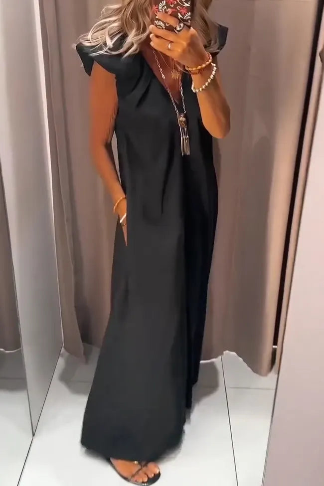 Women's Elegant Wide Shoulder V Neck Dress