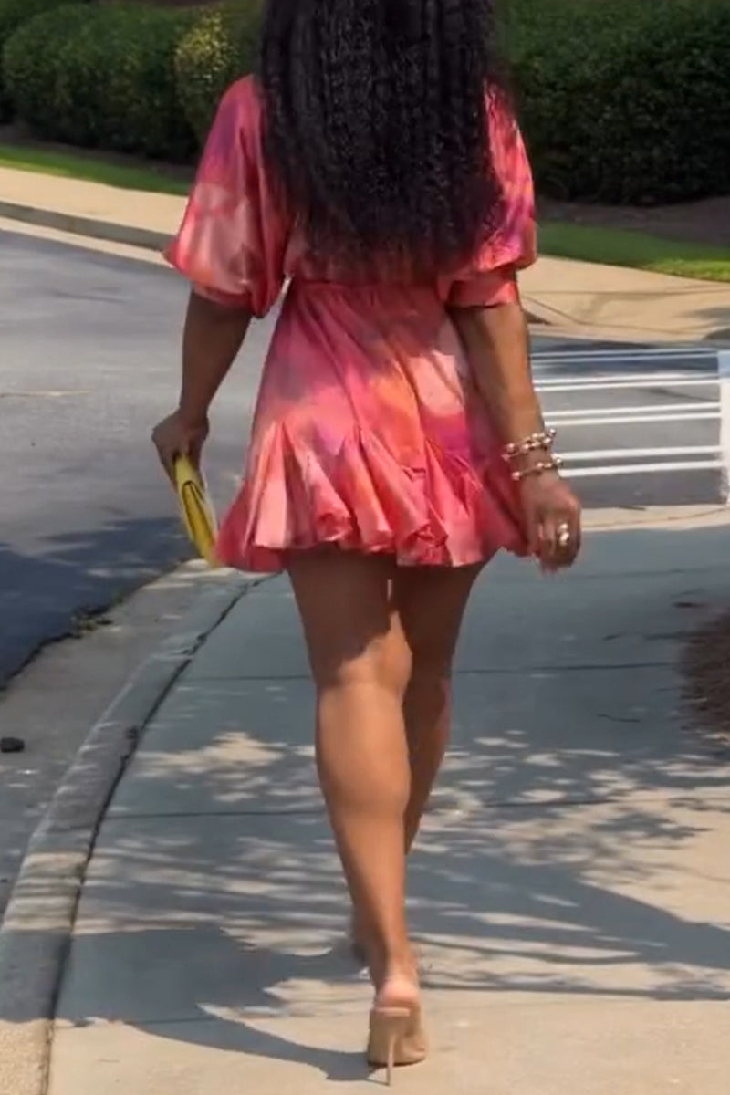 Women's Casual Print Ruffle Hem Mini Dress