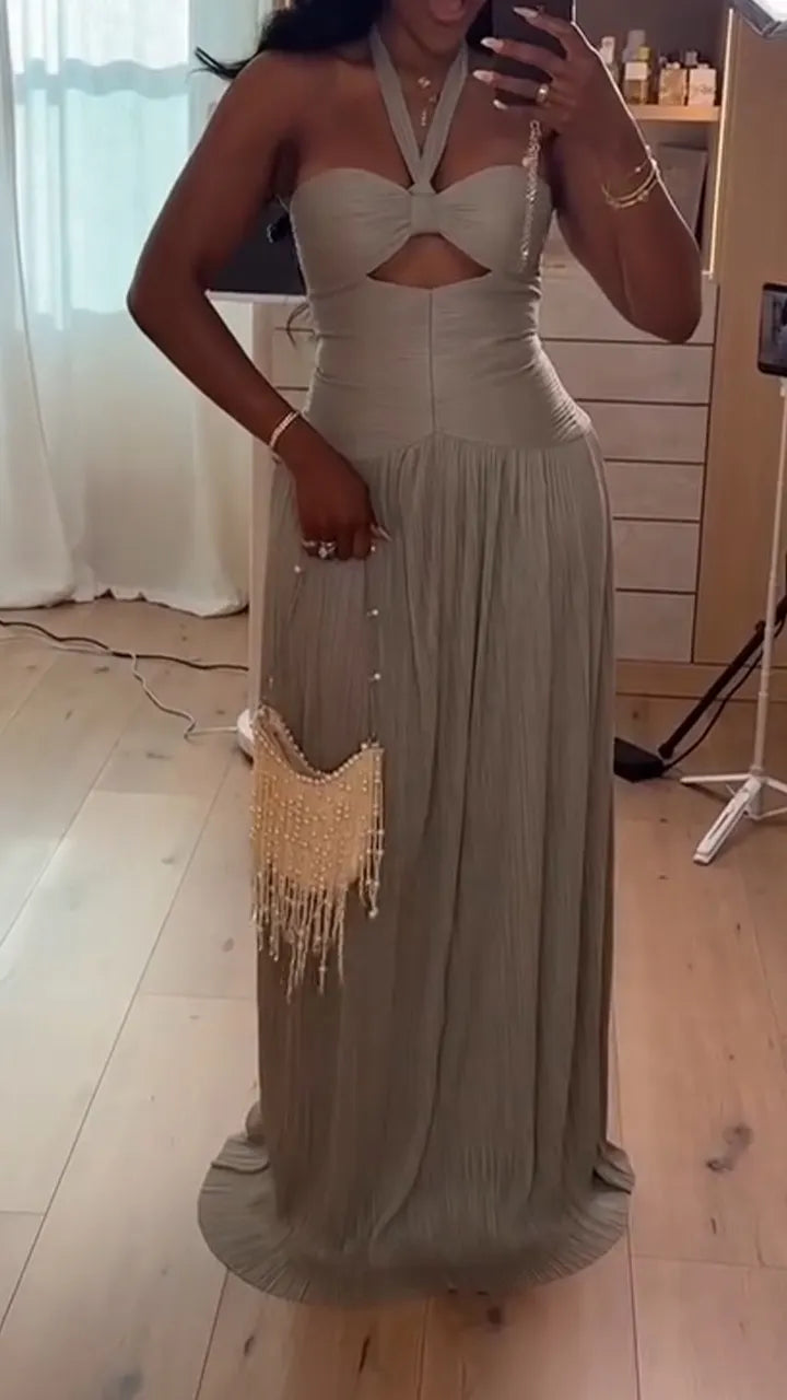 Women Neck Hanging Patchwork Hollow Elegant Temperament Dress