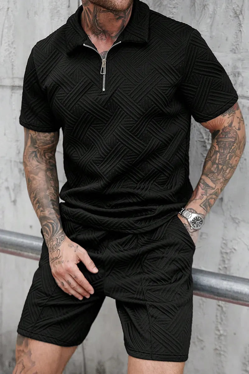 Men's Summer Casual Lapel Collar Full Zip Vertical Seam Detail Short Sleeve Shirt Or Elastic Drawstring Waist Vertical Stitch Side Pocket Casual Shorts