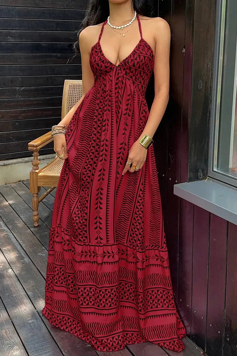 Women's Casual Halter Pattern Print Maxi Dress