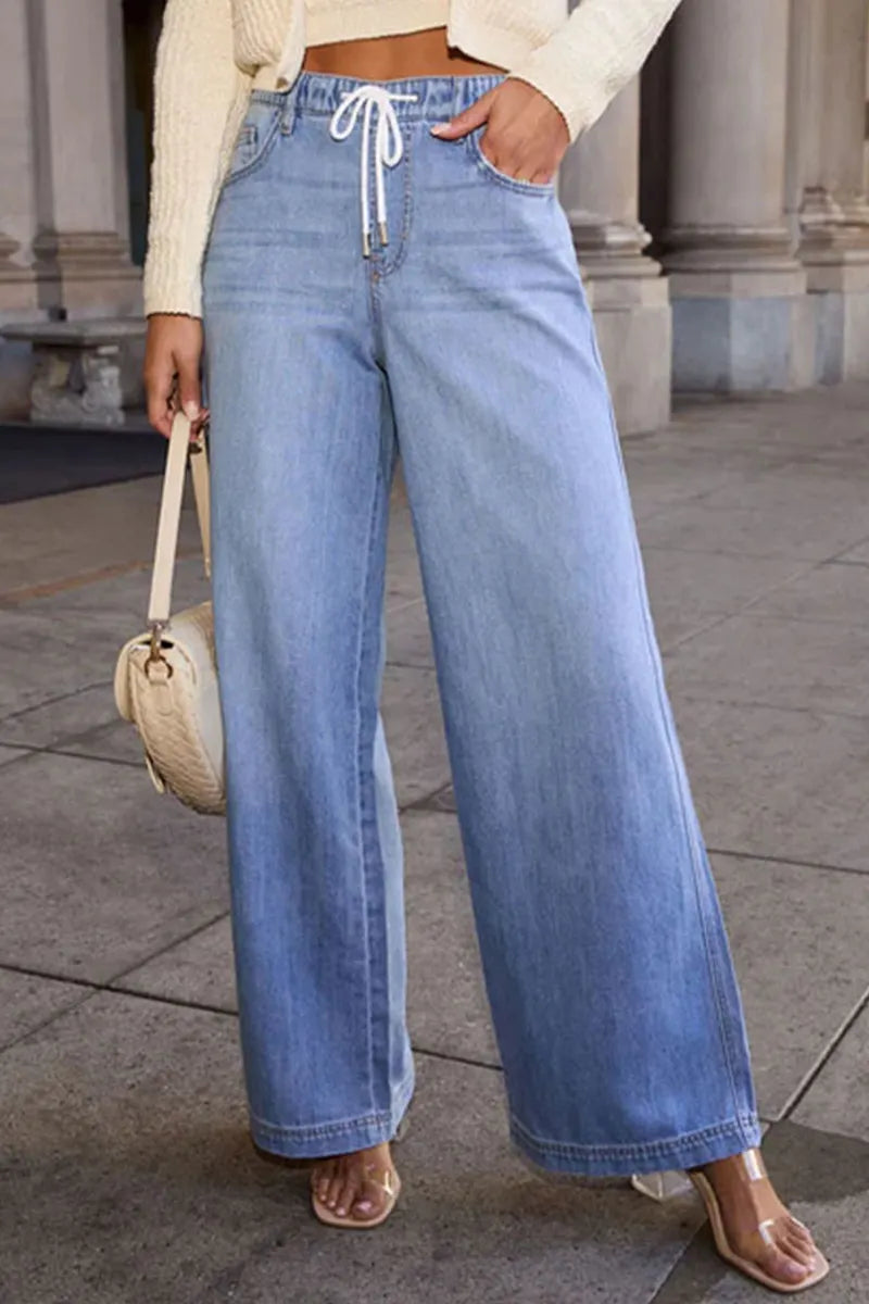 Women's Elastic-Waist Flowy Straight-Cut Jeans