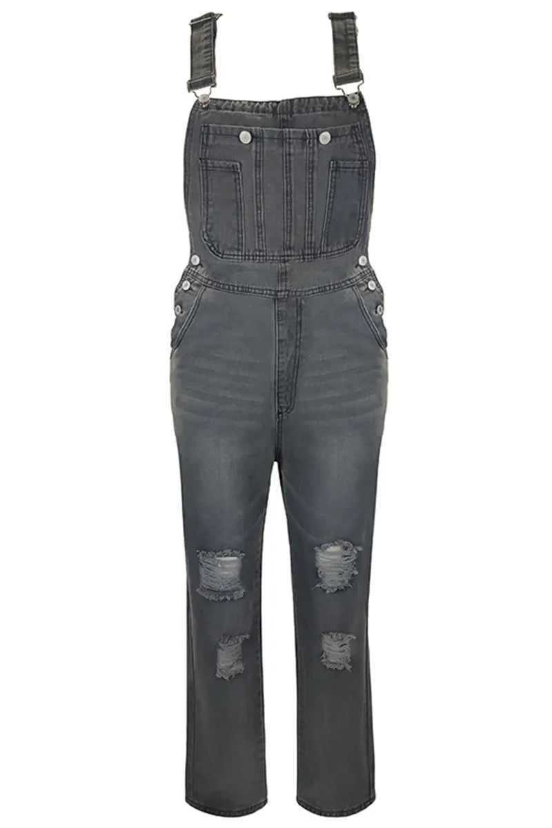 Women's Casual Wash Ripped Denim Overalls