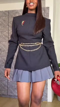 Women Collar Reversible Blazer + Patchwork Skirt Elegant Temperament Set