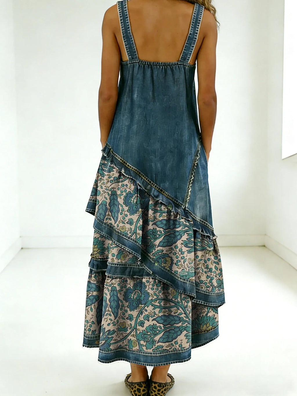 Women's Fashion Floral Denim Design Sleeveless Multi-layered Ruffled Strap Dress