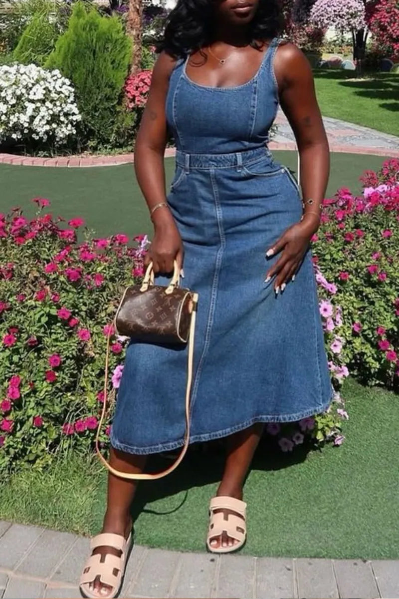 Women Halter V Neck Zip Front Flowy Mini Denim Dress