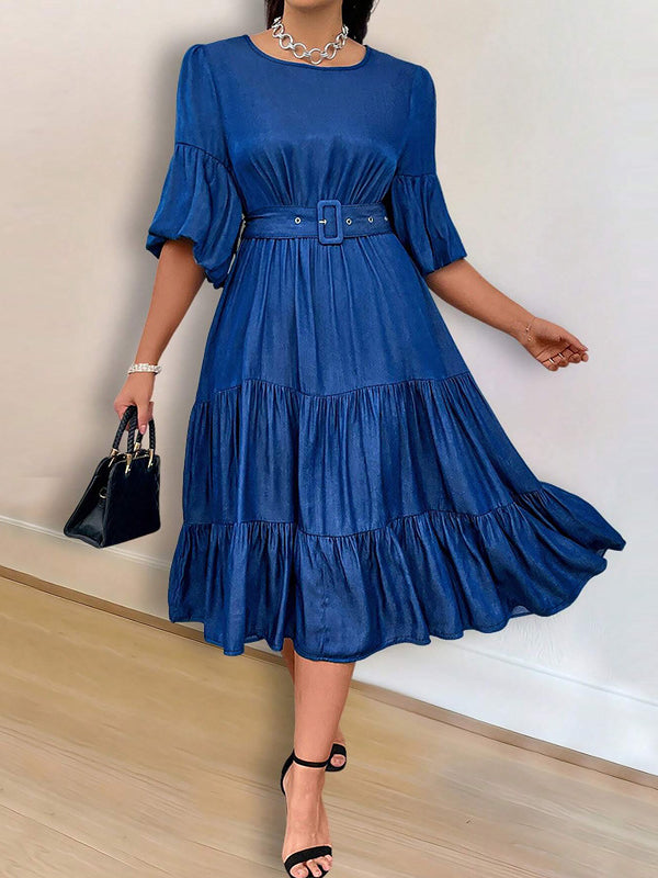 Elegant Puff Sleeve Belted Ruffle Hem Denim Midi Dress