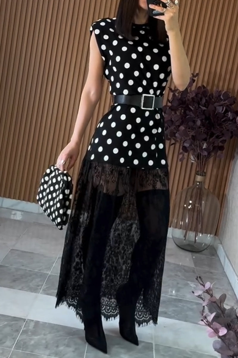 Women's Round Neck Polka Dot Print Patchwork Lace Pattern Elegant Casual Dress