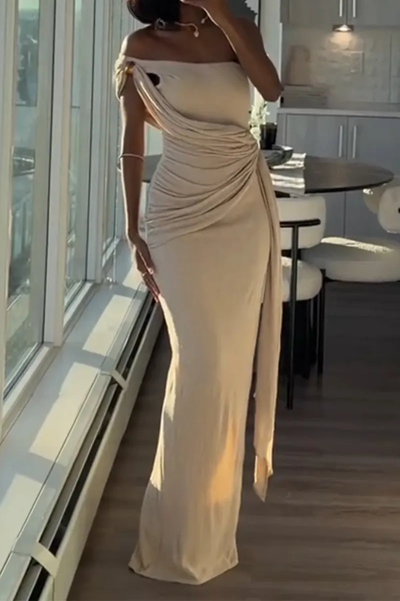 Women Slanted Shoulder Patchwork Slim and Elegant Temperament Dinner Party Style Dress