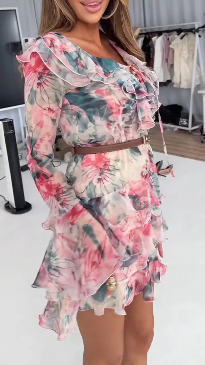 Women V-neck Long Sleeved Patchwork Print Elegant Casual Dress