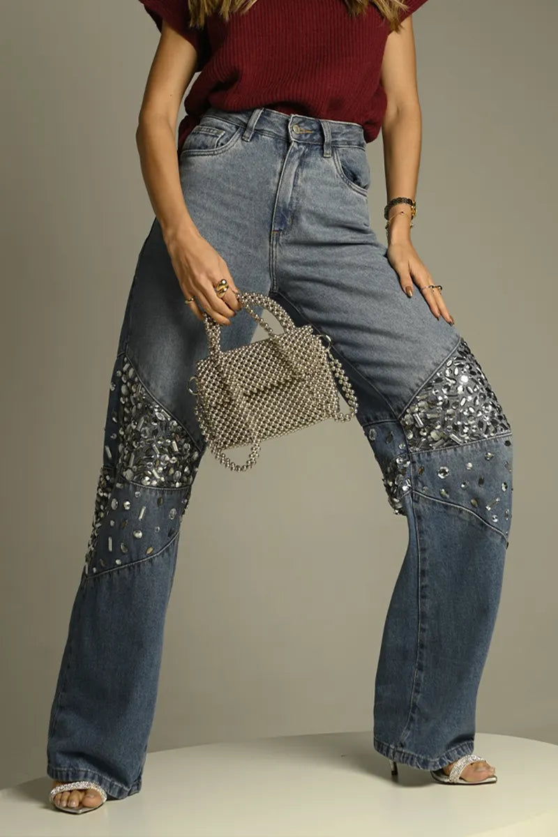 Women's Casual Rhinestone Trim Wide Leg Jeans