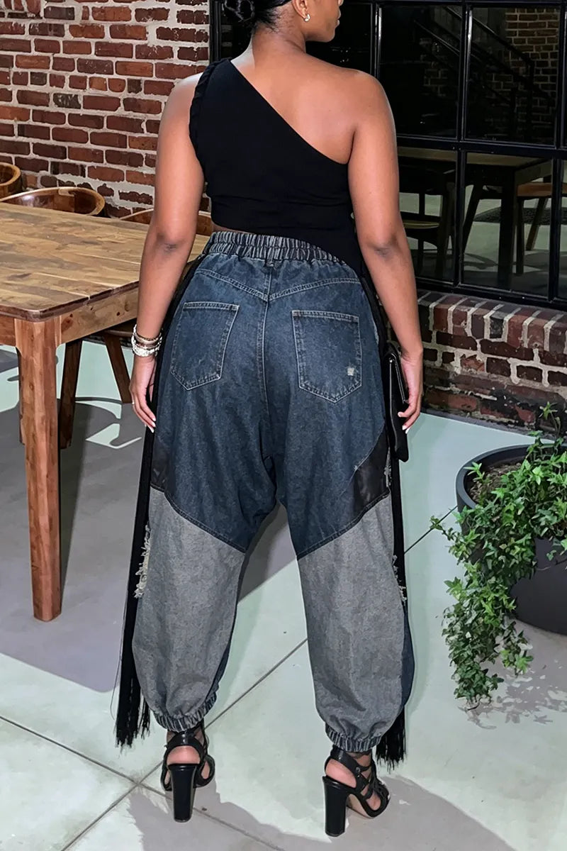 Women's Casual Color Block Trim Leather Panel Jeans