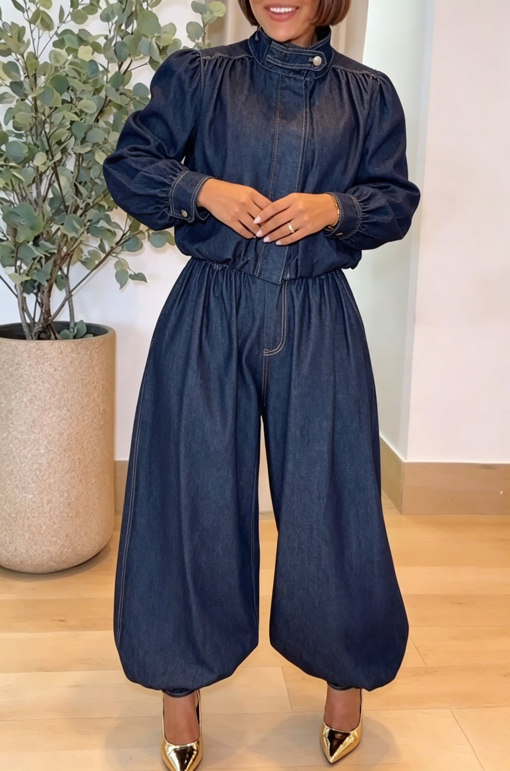 Women's Casual Puff Sleeve Denim Jacket or Loose Elastic Cuff Jeans