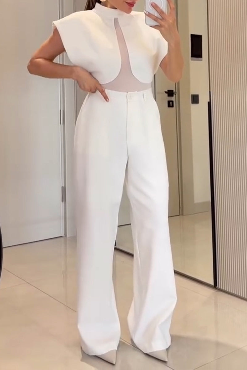 Women's Fashion Mesh Patchwork Wide Shoulder Vest Pants Two-Piece Set