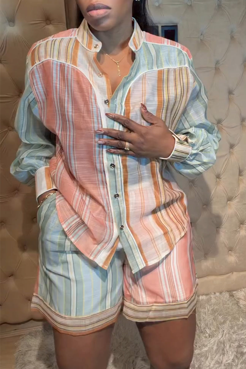 Women's Round Neck Colorful Vertical Stripe Top+ Pants Casual Suit
