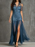 Stylish Casual Spliced mesh Denim Dress