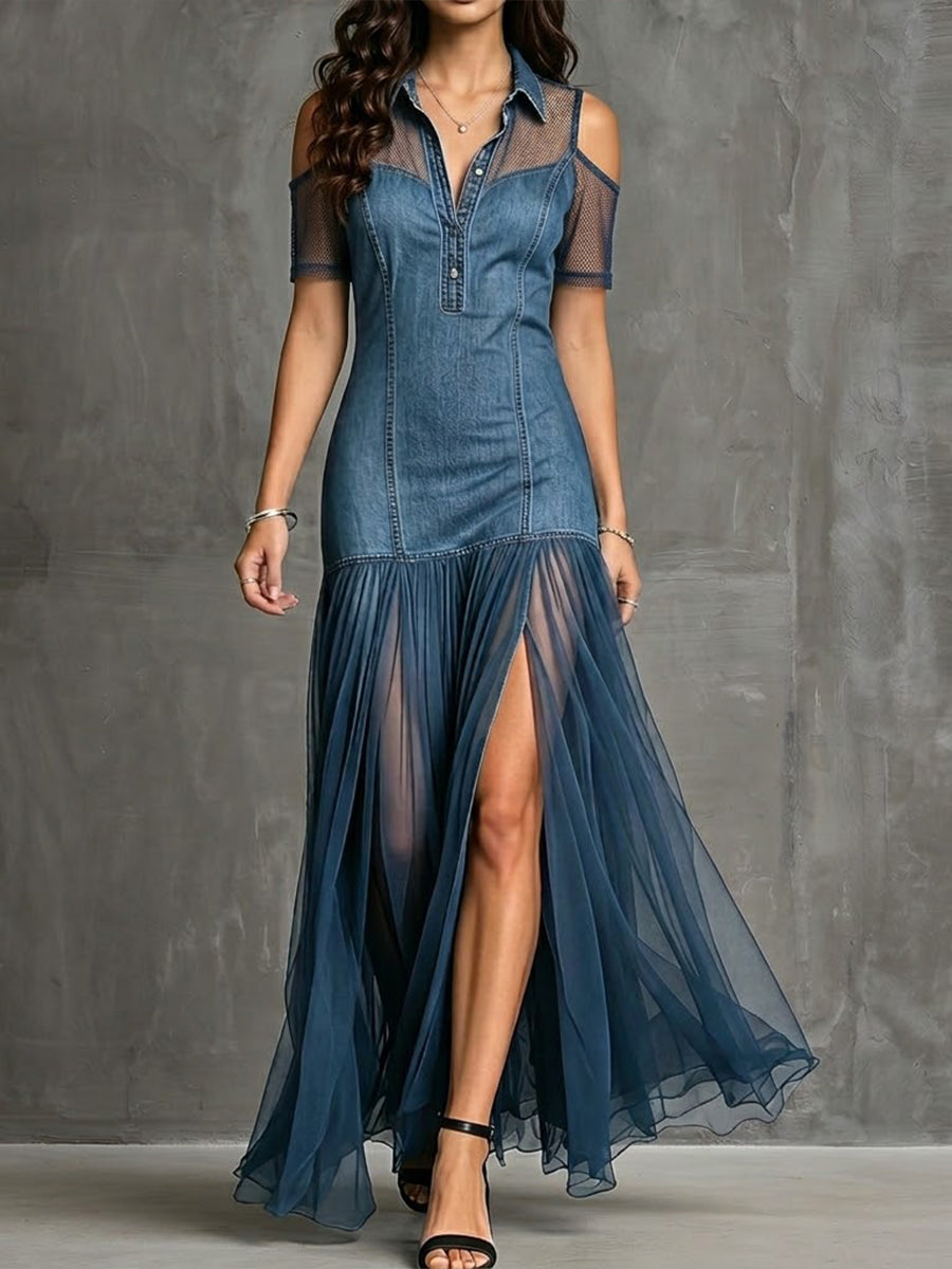 Stylish Casual Spliced mesh Denim Dress