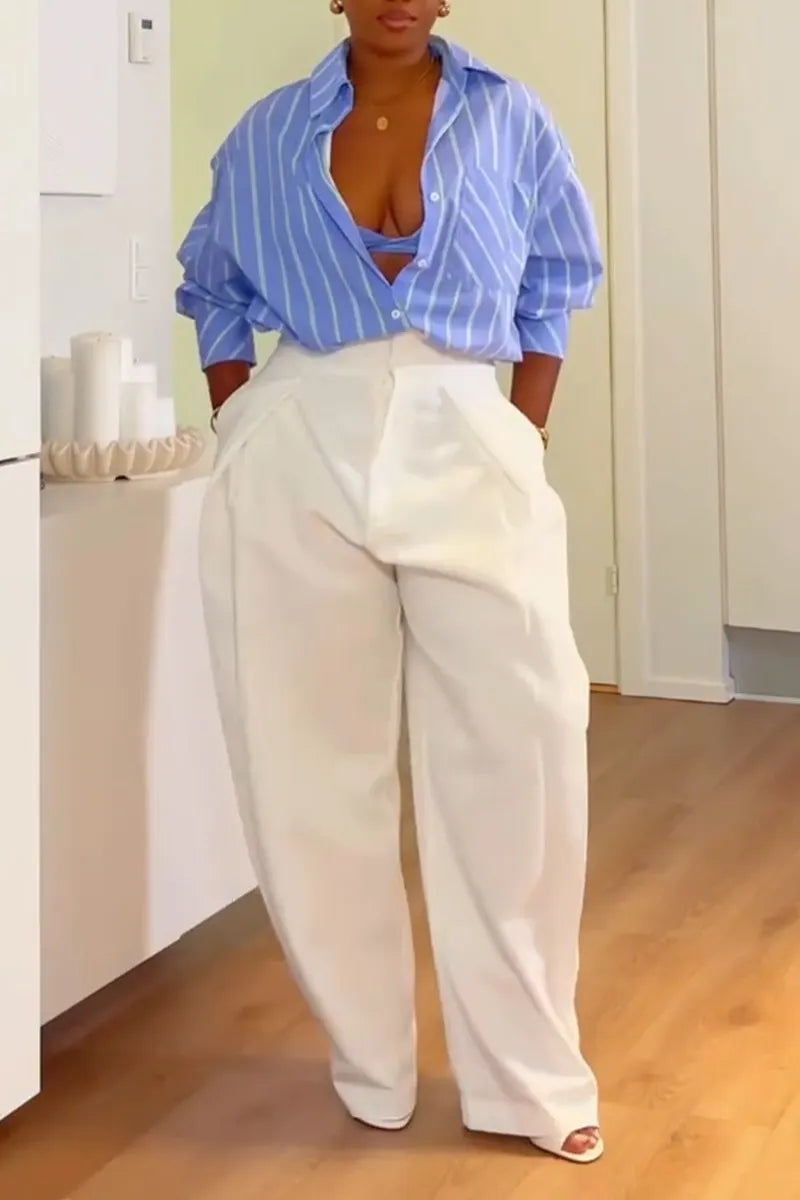 Women's Collar Vertical Striped Shirt or Solid Color Pants