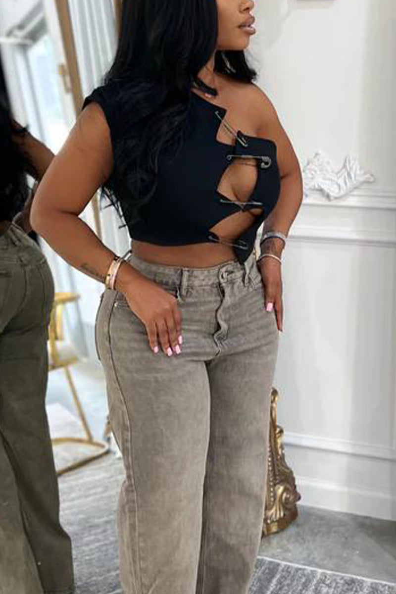 Women Irregular Pin Design Hollowed Out Sexy Casual Top