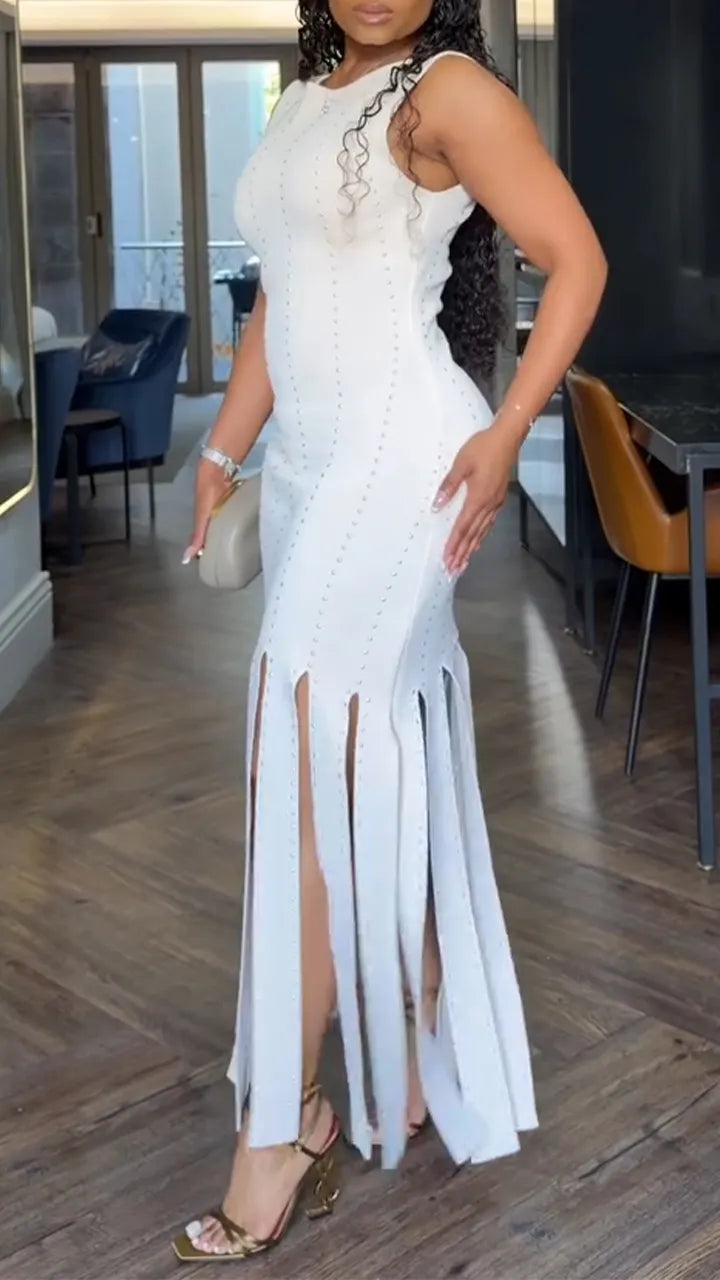 Women Round Neck Slit Solid Color Casual Dress