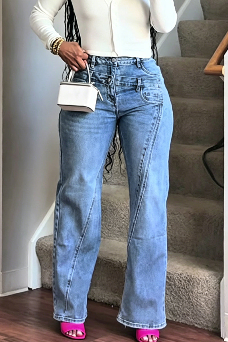Women's Fashion Double Waist Panel-Design Jeans