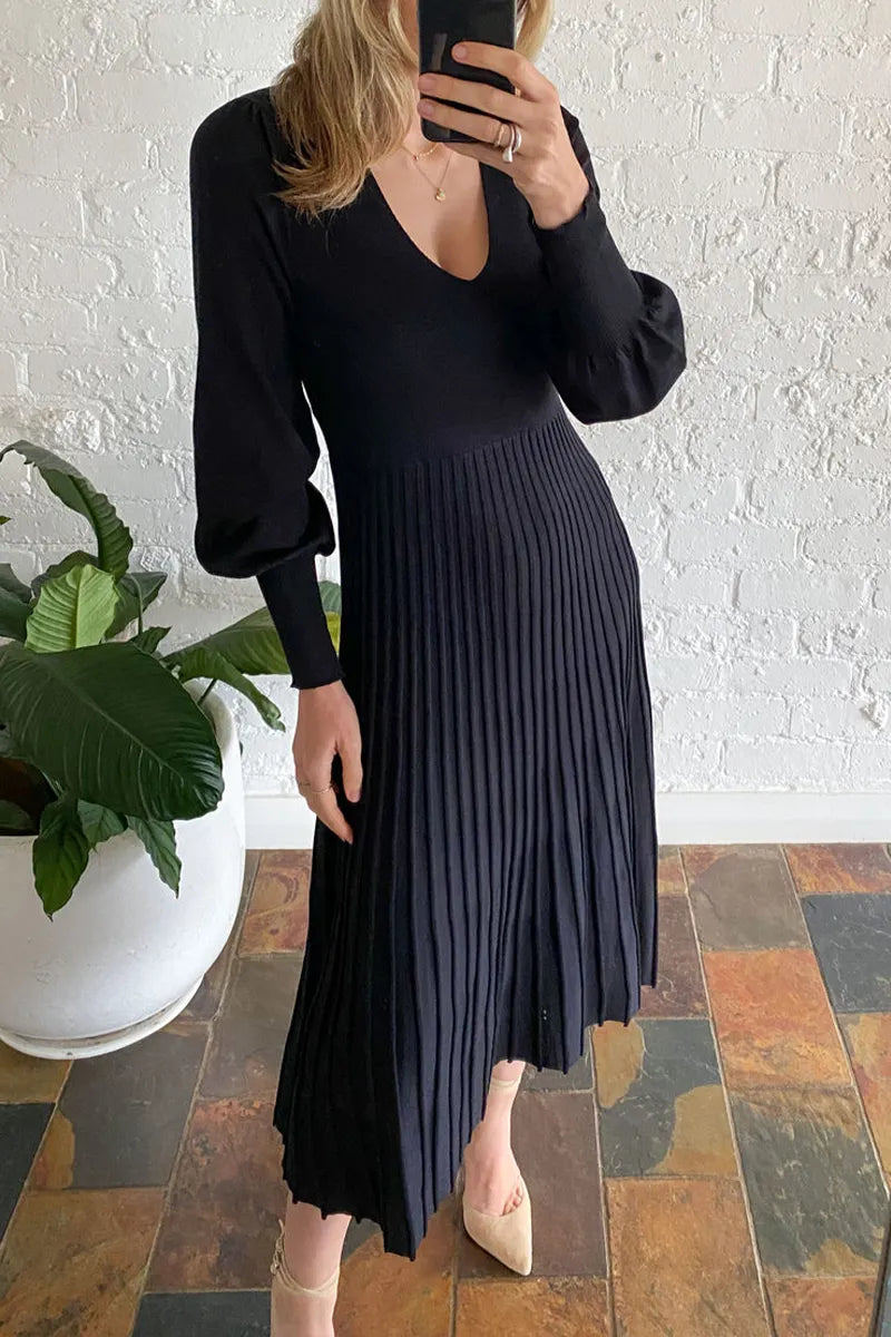 Ladies U-neck Patchwork Pleated Elegant Casual Dress