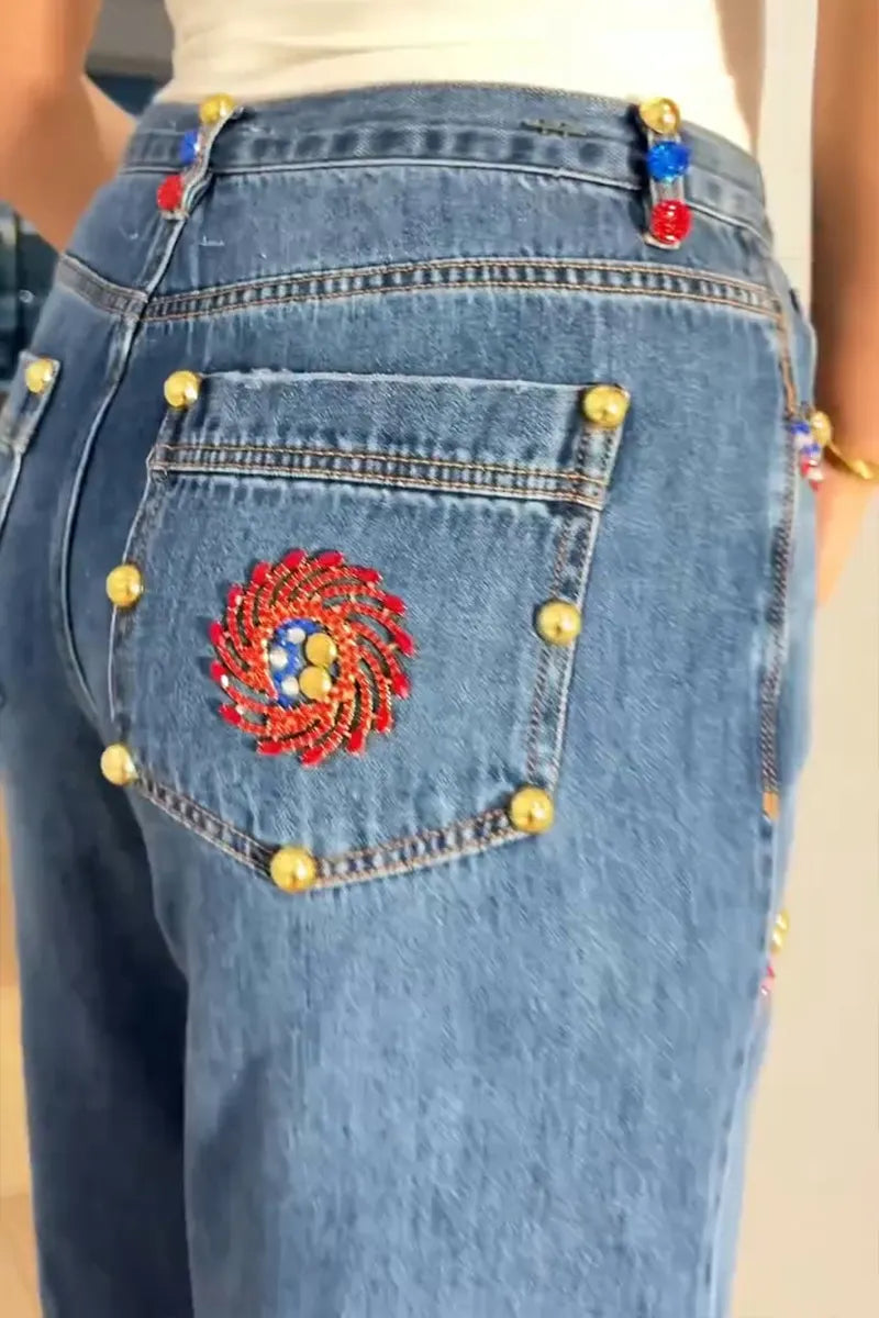 Women's Fashion Rhinestone-Beaded Wide Leg Jeans