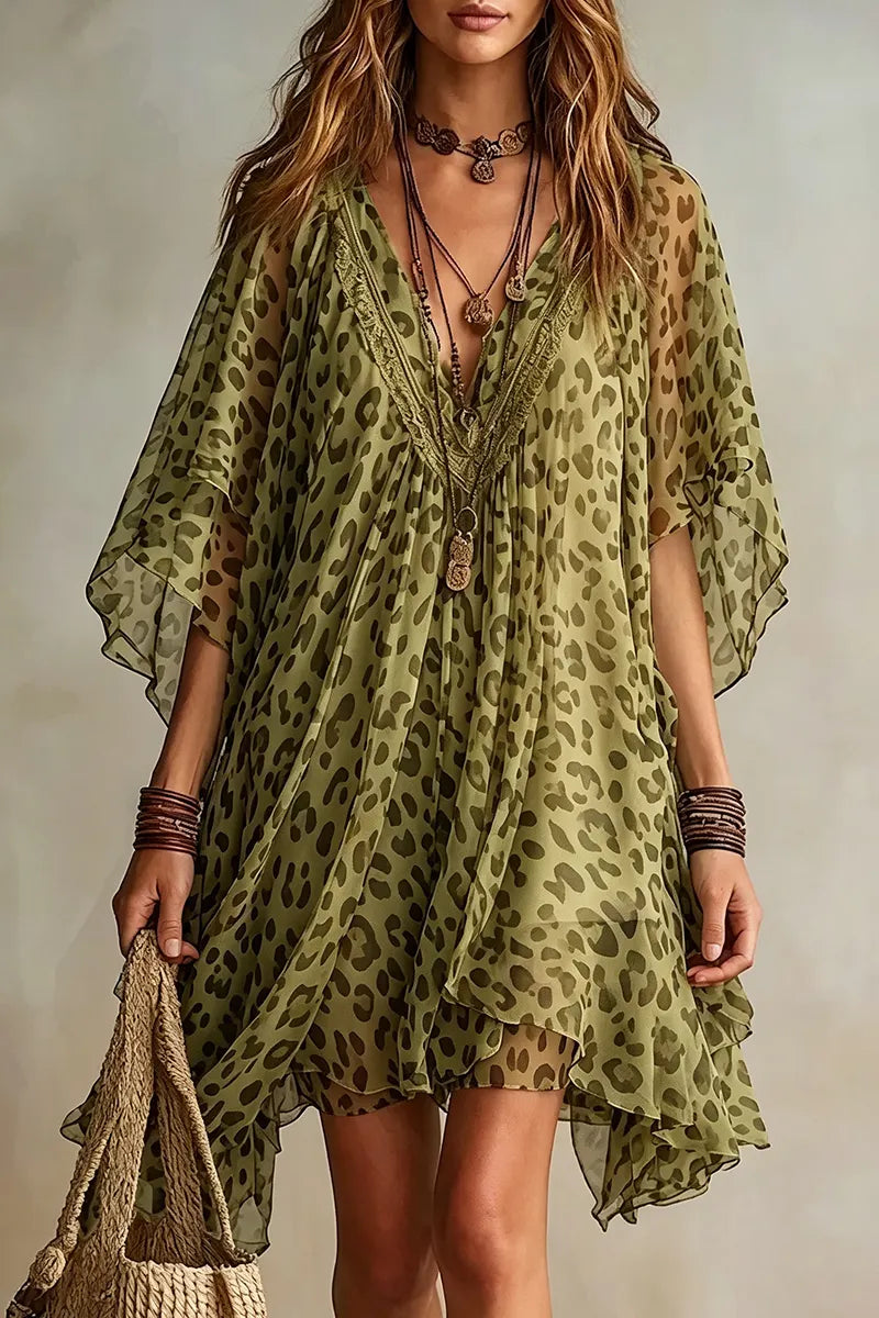 Women's Fashion Comfortable Leopard Print Batwing Mini Dress