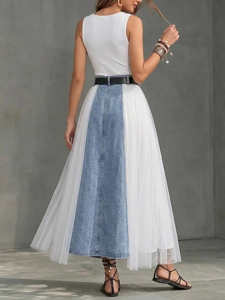Casual Paneled Mesh Denim Skirt
