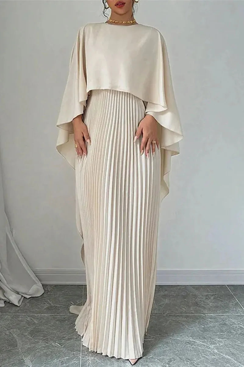 Women's Elegant Cape Sleeve Pleated Maxi Dress Sets